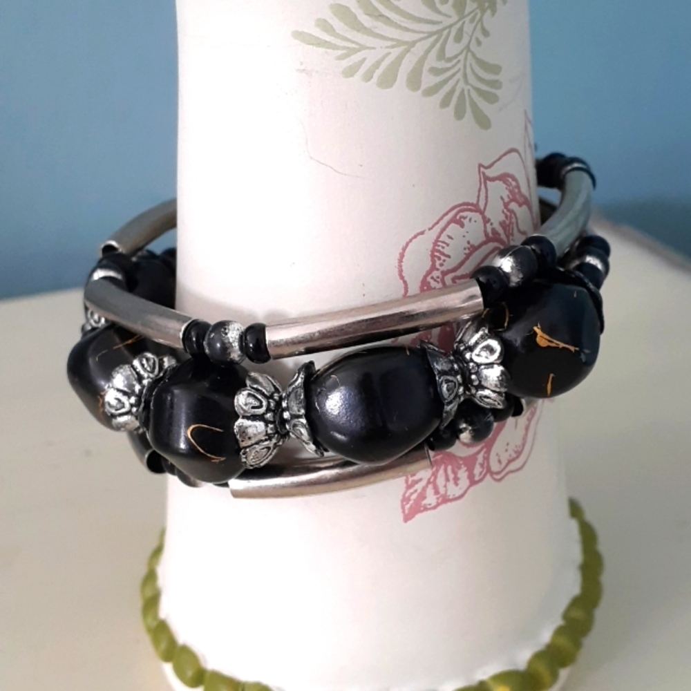 ^ Vintage black and silver Beaded Triple Bracelet